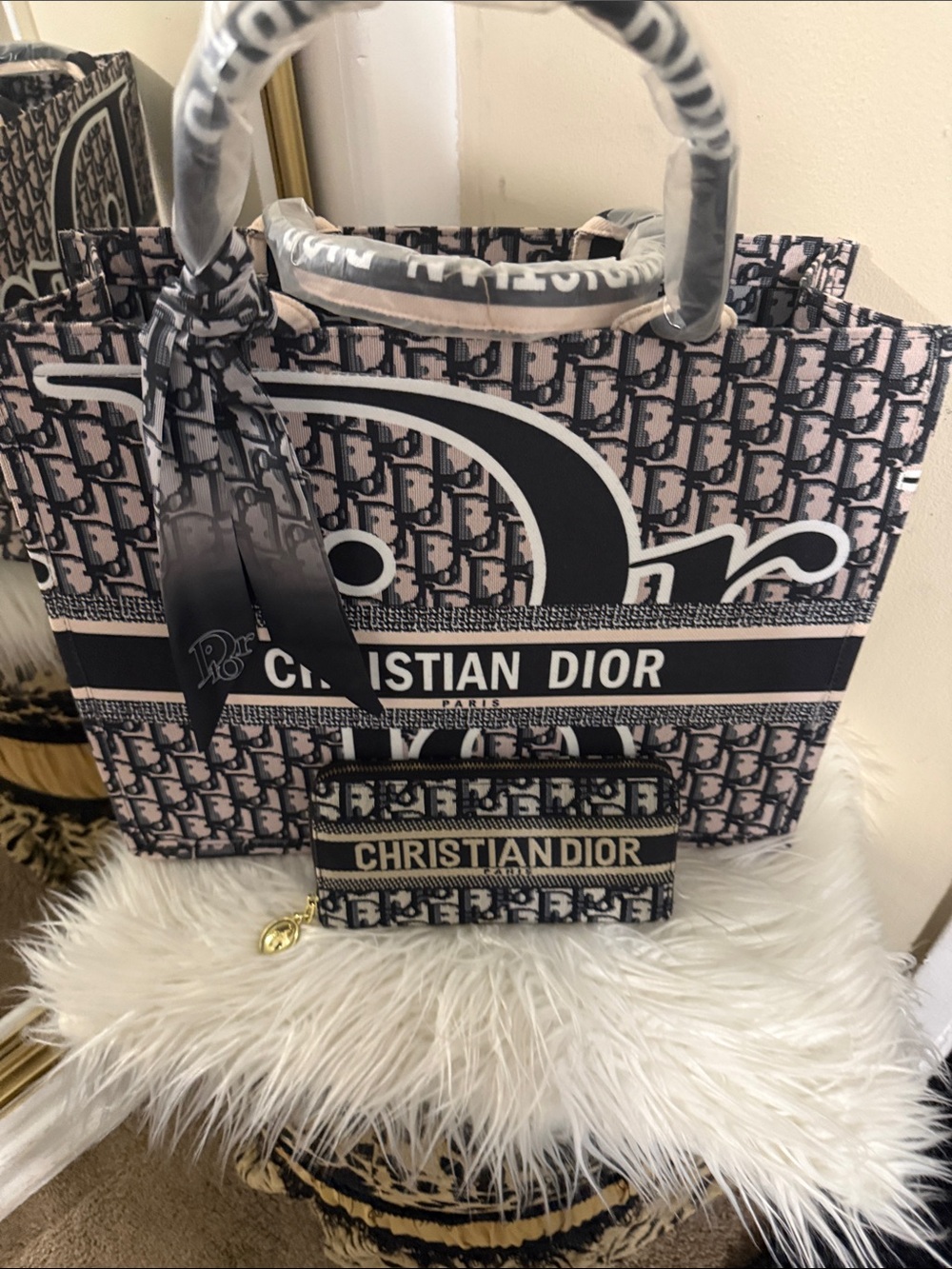 Pink & Black Book Tote with Matching Wallet